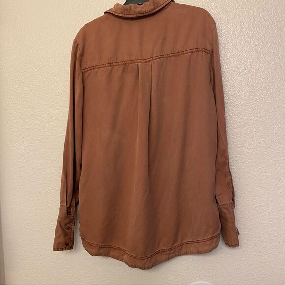Free People Under Your Spell 100% Tencel orange long sleeve lace up blouse Top L - Picture 4 of 13